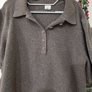 A New Day Brown V‑Neck Collared Button Pullover Puff Sleeve Sweater XXL